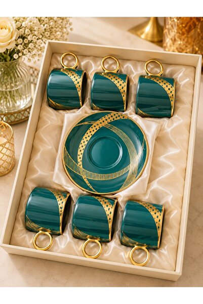 zepce design 6 Kişilik Kahve Fincan Takımı Yeşil-Gold