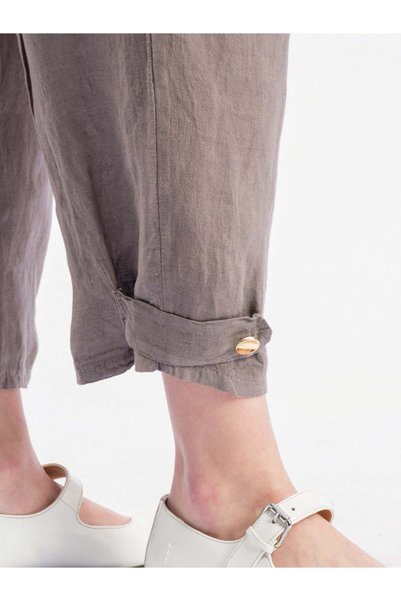 byözlemyazan Cuffed Button Detailed Belted Linen Trousers