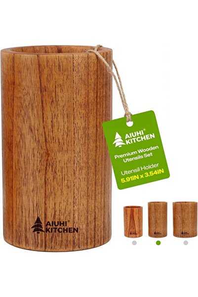 Generic AIUHI Wood Utensil Holder for Kitchen Counter, Wooden Utensil Crock, ...