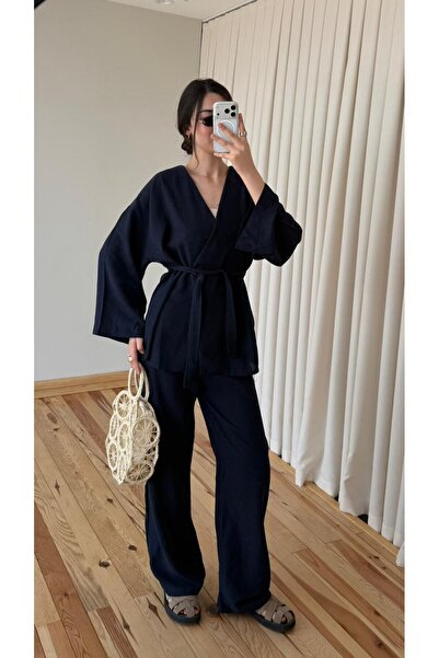 My Blog Navy Blue Belted Kimono Wide-Leg Pants Set