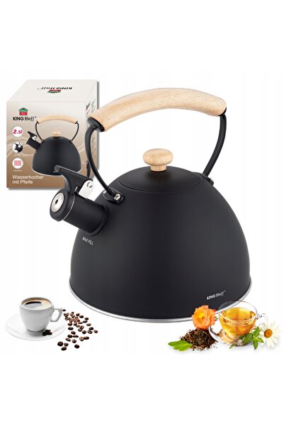 Kinghoff Ceainic 2,5L negru cu fluier, pentru inducție și gaz, mâner din lemn...