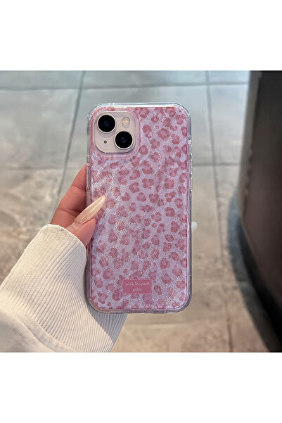 MustCase iPhone 13 / 14 / 15 Uyumlu Pembe Leopar Desenli Şeffaf Simli Telefon...
