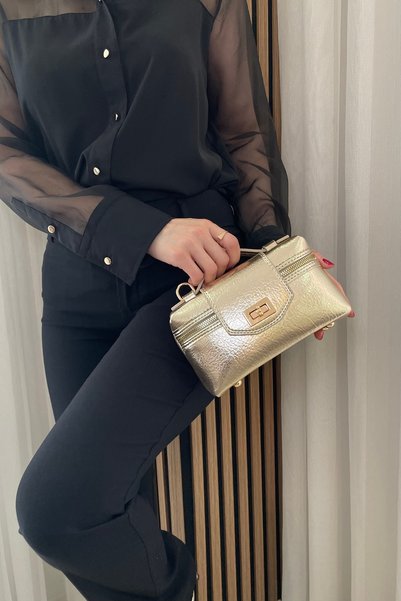 Fibag Women's Gold Color Daily Bag - Adjustable Long Strap, Hand and Shoulder Bag