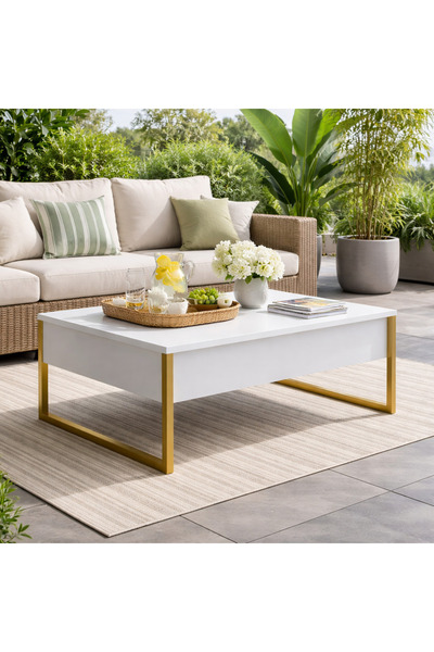 Vivendo Masuta cafea alba premium cu picioare aurii metalice 90x60 cm design ...