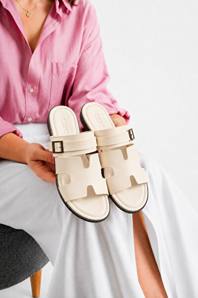 STOCON Elite Women's Cream Buckle H Model Daily Slippers Buckle Comfort Slipp...