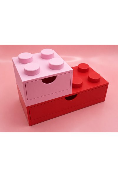 PELIUS Lego Desktop Organizer, Red, Pink L-Shaped Drawer, Organizer