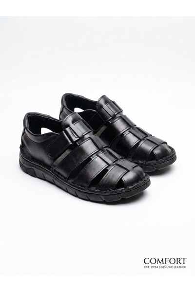 MERİSER Genuine Leather Inside and Outside Orthopedic Men's Slippers Sandals