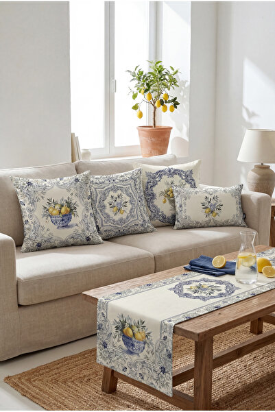 MUN HOME Majolika Lemon Flower Pattern Navy Blue Beige Gray 4 Throw Pillows 1...