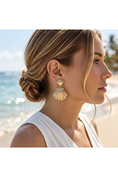 MITH SB TAKI Sea Shell Detailed Colored Enamel Striped Earrings