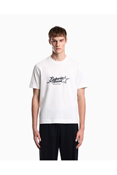 Emporio Armani Men's Thick Jersey Woven Fabric Logo Embroidered Round Neck Sh...