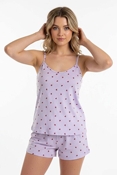 Kompedan Kadın İp Askılı Yumuşak Dokulu Küçük Kiraz Desenli Şortlu Pijama Tak...