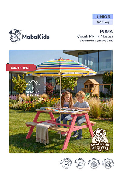 mobokids 4 Kişilik Çocuk Piknik Bankı Puma Masif Ahşap Junior 6 - 12 Yaş Şems...