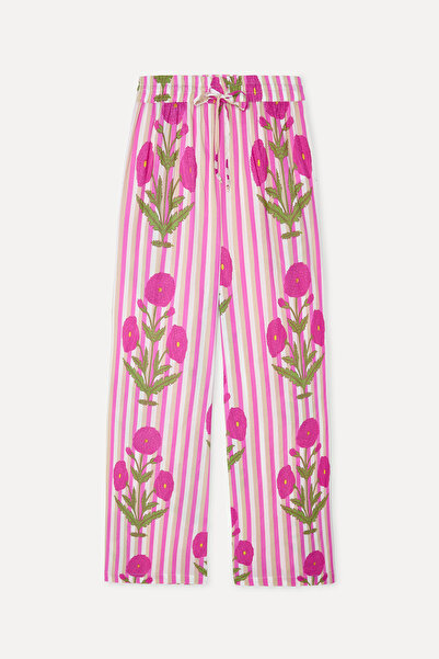 Mudo Women's Pink Striped Floral Embroidered Wide Leg Trousers