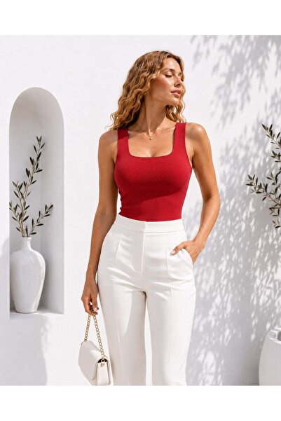 Modafeminen Square Neck Knitwear Blouse Tr082 Red