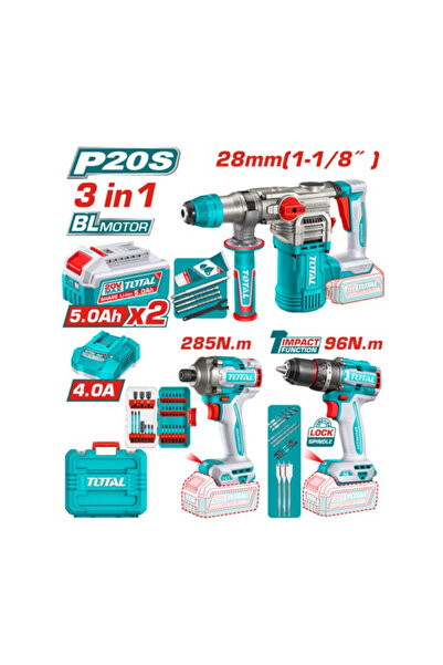 TOTAL Комплект акумулаторни инструменти, 20 V, 2 броя 5 Ah батерии, 31 части,...