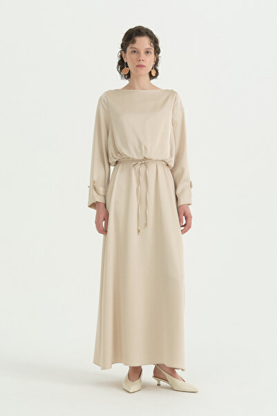 Nihan Satin Dress with Epaulettes on the Sleeves - Beige