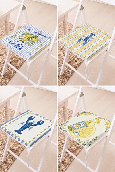 Home Set of 4 Lemon and Lobster Patterned Striped Lace-Up Chair Cushions Kitc...