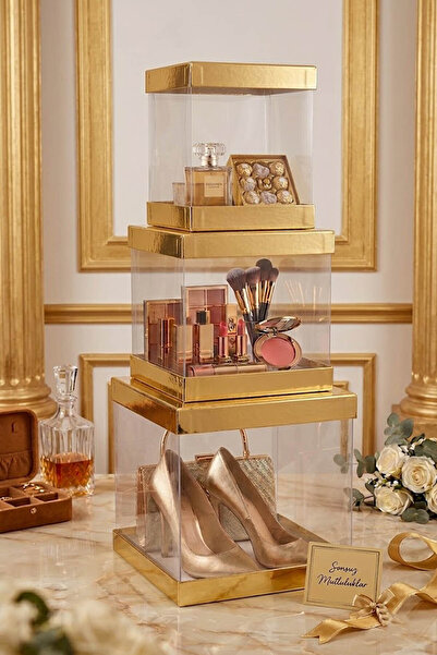 Çt Çeyizci Tekstil Lüks Şeffaf Asetat Gelin Bohça Kutusu 3’lü Gold Set – Çeyi...