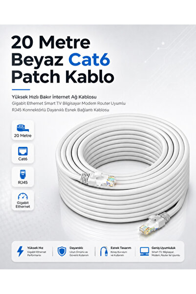 Derwell 20 Metre Beyaz Cat6 Patch Kablo Yüksek Hızlı İnternet Ağ Kablosu Giga...