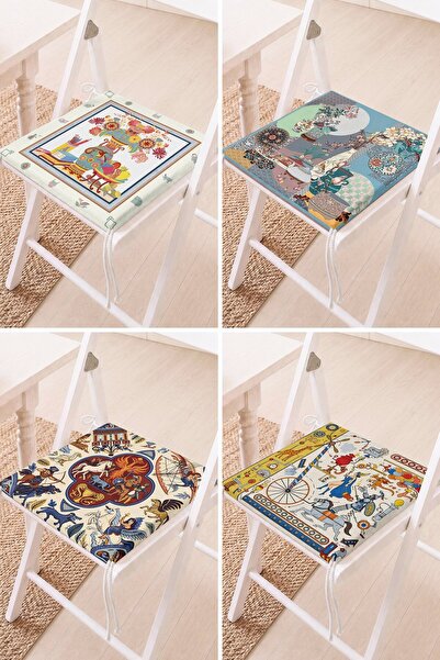 Home Set of 4 Colorful Eclectic Figures and Patterned Lace Chair Cushions