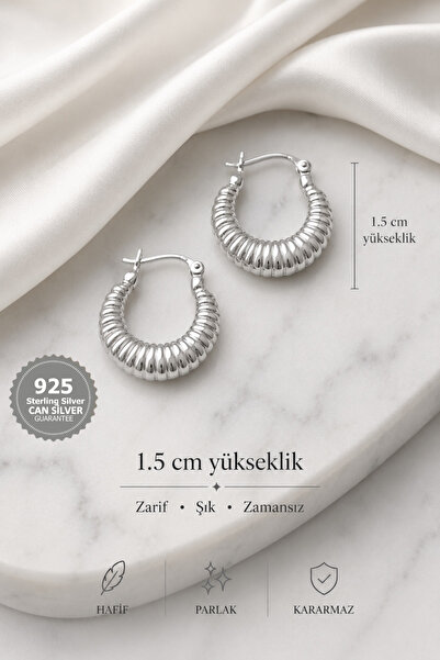 CAN SİLVER 1,5 cm Gümüş Kaplama 925 Ayar Yarım Ay Desenli Halka Model Küpe- G...