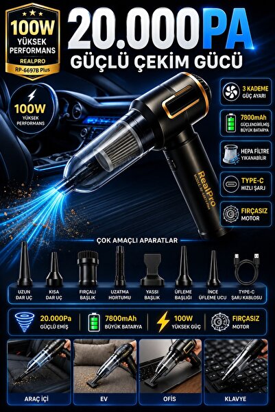 Realpro 20000Pa Araç İçi Şarjlı Süpürge | Kablosuz El Süpürgesi | HEPA Filtre...
