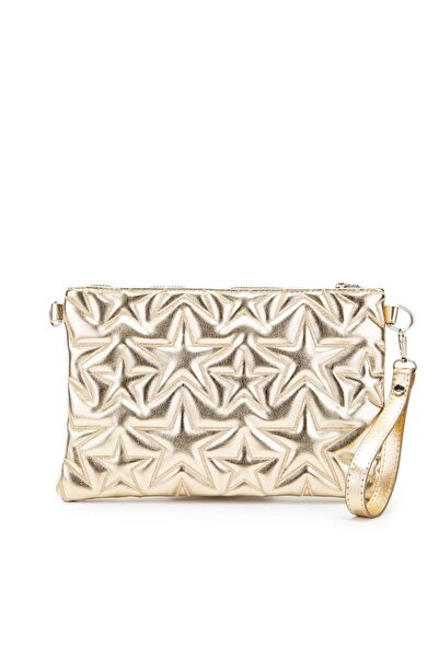 Genel Markalar Veloura Yıldız Dikişli Clutch Star Kadın Çanta Gold Rugan