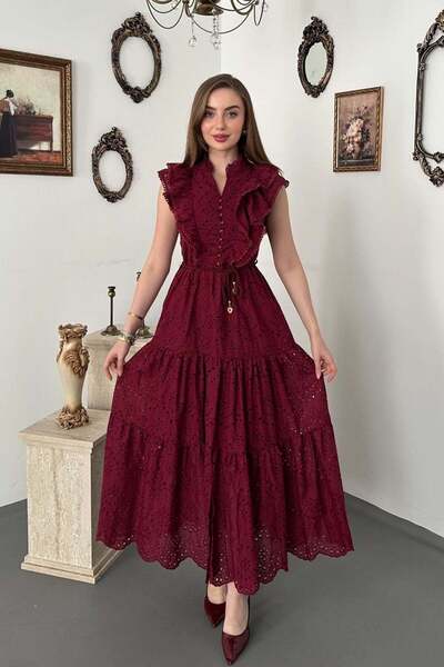 Elbee Fashion Woman Φόρεμα με βολάν και κουμπιά σε μπορντό χρώμα
