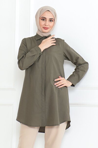 comstar Women's Long Basic Khaki Polo Collar Hijab Shirt Dress