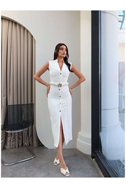 ESRAHELVACI Gold Tokalı Sıfır Kol Elbise