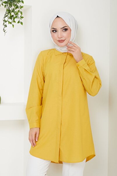 comstar Women's Long Basic Mustard Polo Collar Hijab Shirt Dress