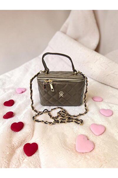 ahsenaksesuar2025 Khaki Faux Leather Diamond Patterned Mini Gold Buckle Chain...