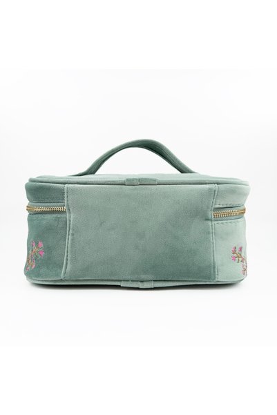 3rd March Studio Mint Green Floral Embroidered Velvet Makeup Bag & Organizer 25X17.5X11 cm