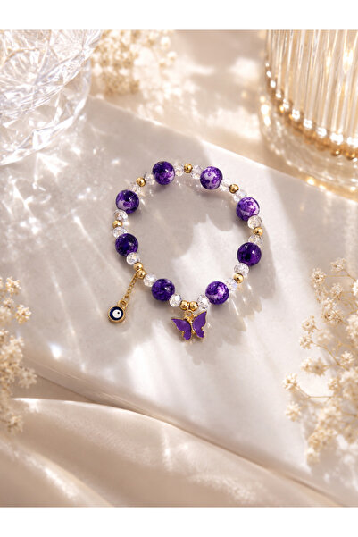 Lilith Takı Purple Butterfly Detailed Evil Eye Beaded Bracelet – Elastic Wome...