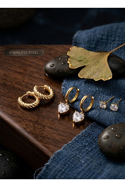 stainless steell 316L Steel Gold Color Heart Detailed Earring Set