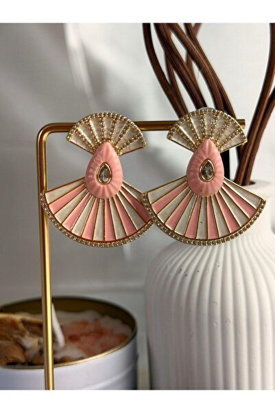 ANKA JEWELLRY Women's Steel Pink Enamel Vintage Fan Design Gold Earrings