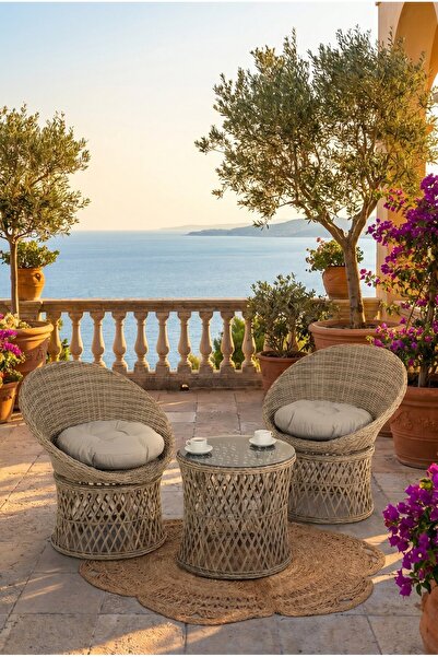 huteras Bahçe Çay Seti Rattan 1+1 İkili Krem Minderli Balkon Takımı Dış Mekan