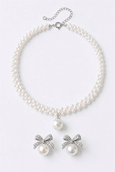 Nevara Royal Pearl Inlaid Set - High-End Bowknot Design Necklace and Earrings...