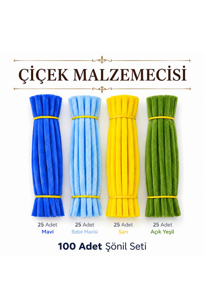 Çiçek Malzemecisii 100 Adet Renkli Şönil Seti – Mavi, Bebe Mavisi, Sarı ve Aç...