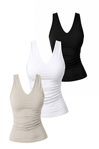 DI LORIA Women's Double Layer Lycra Undershirt Triple Set (95% Cotton) (Black...