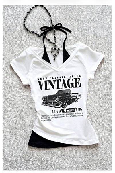 Köstebek Vintage Modern Life Y2K Short Sleeve Blouse with Additional Strap