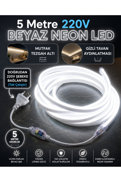Volttrend 10 Metre 220V Neon LED Şerit Beyaz Işık (6500k) - Tak Çalıştır Set ...