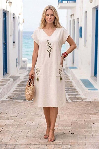MODANI SEÇ Cream Color Daffodil Embroidered Sleeveless Linen Dress