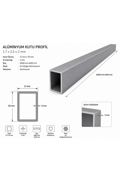 Marka Alüminyum kutu Profili GRİ 1.7 CM X 2.5 CM X 600 Cm