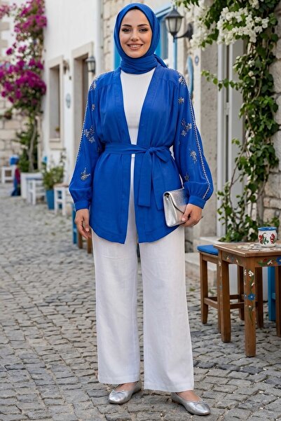 TOFİSA Pullu Kemerli Kimono Indigo - 28541-INDIGO