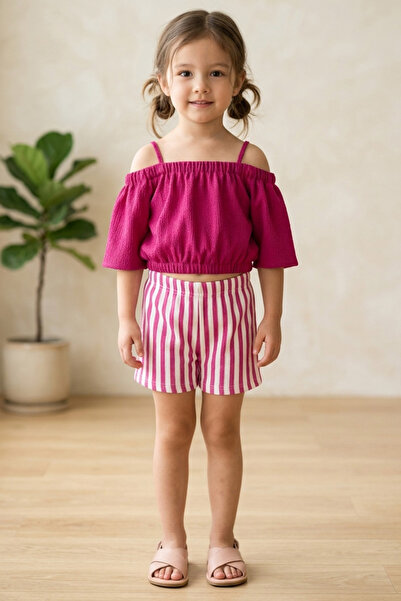 TOFİSA Girl's Fuchsia Striped Strappy Wrap Dress Set - 1504-Fusya