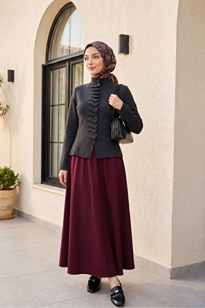 Modamorfo Buttoned Stand Collar Knitwear Cardigan with Ruffles on the Front -...