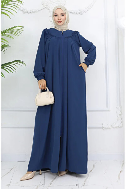 sefamerve Front smocked zippered abaya 6182-01 indigo