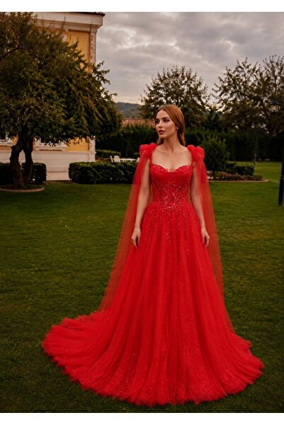 HS SPOSA KADIN ABİYE KIRMIZI TAŞ İŞLEMELİ PRENSES MODEL UZUN ŞIK DAVET-KINA- ...