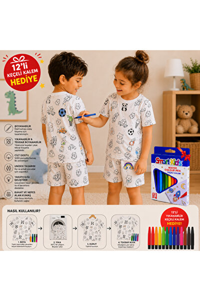 Parti Selesi Unisex Boyanabilir Çocuk Şortlu Takım – 12'li Smart Keçeli Kalem...
